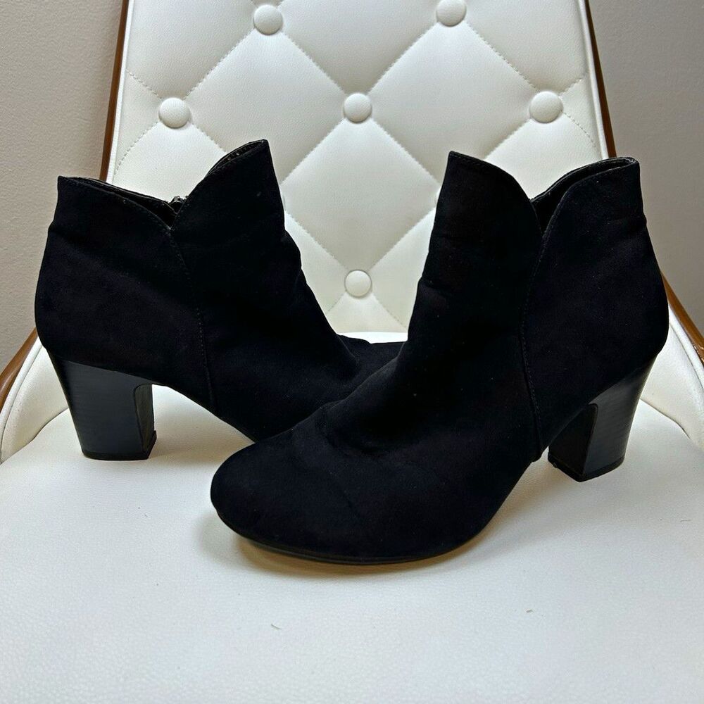 Nicole Carleigh Black Faux Suede Ankle Boots Block Heel Side Zip Womens 8.5 M